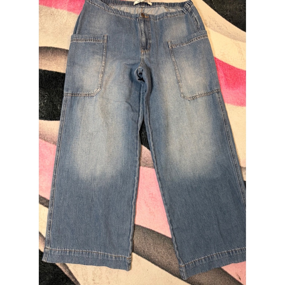 Celebrity Pink Womens Wide Leg Utility Jeans Light Wash Elastic Waist Size L